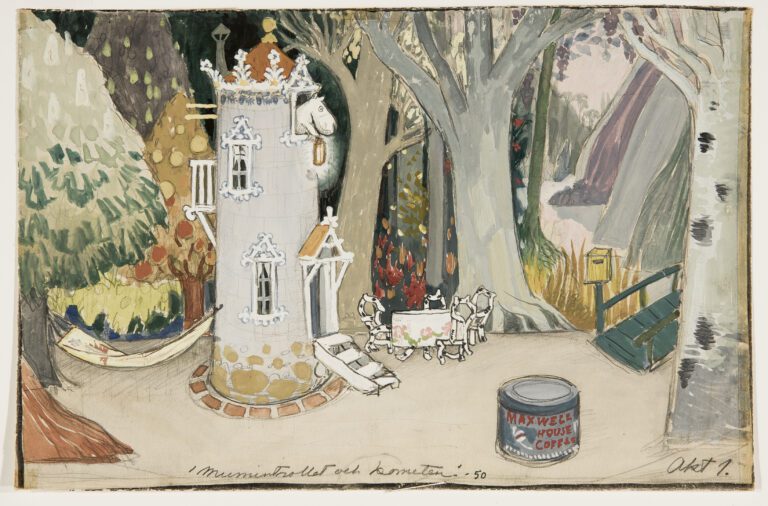 Escape to Moominvalley 06 Tove Jansson Svenska Teaternin Lavasteluonnos Muumitalo 1950 ©Moomin Characters™ 768x506